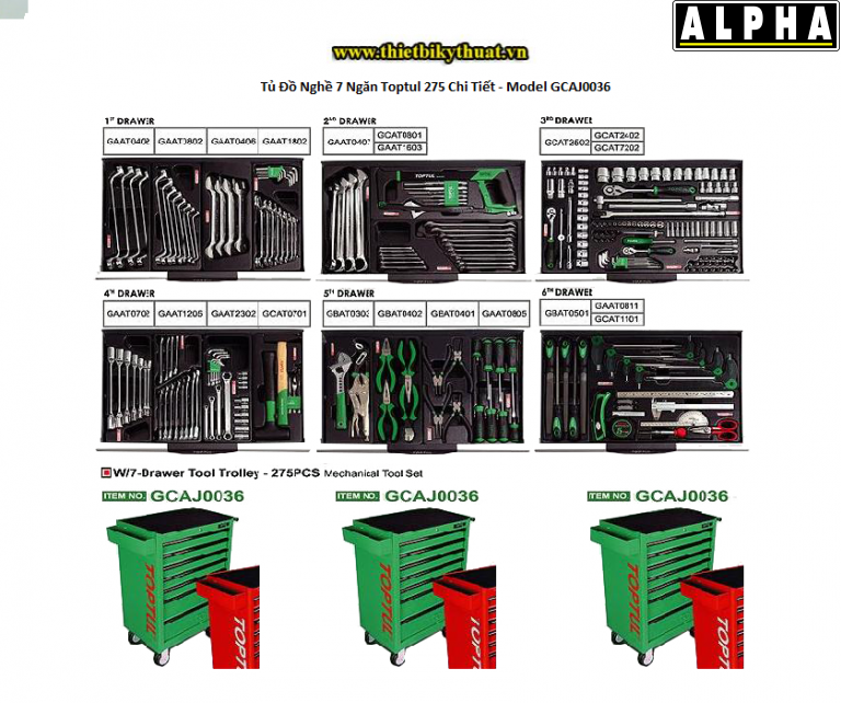 Tủ Đồ Nghề 7 Ngăn Toptul 275 Chi Tiết Model GCAJ0036